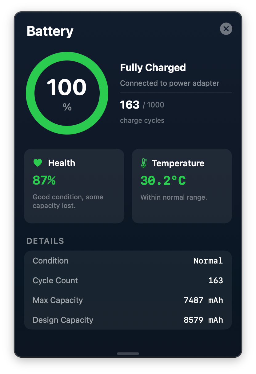 ChillMac battery detail panel showing charge, health, cycles, and temperature