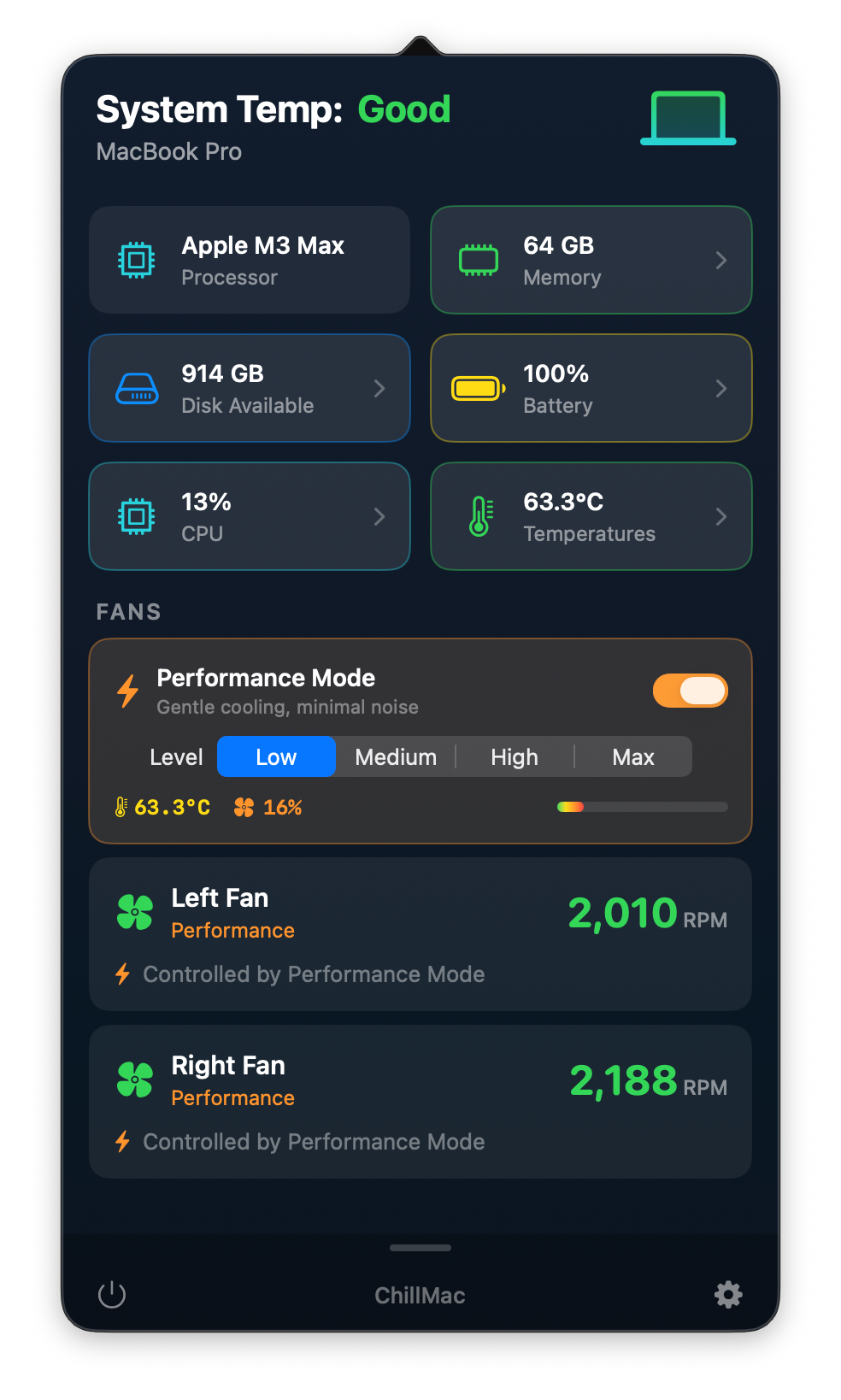 ChillMac main popover with system temperature, hardware stats, and per-fan RPM controls