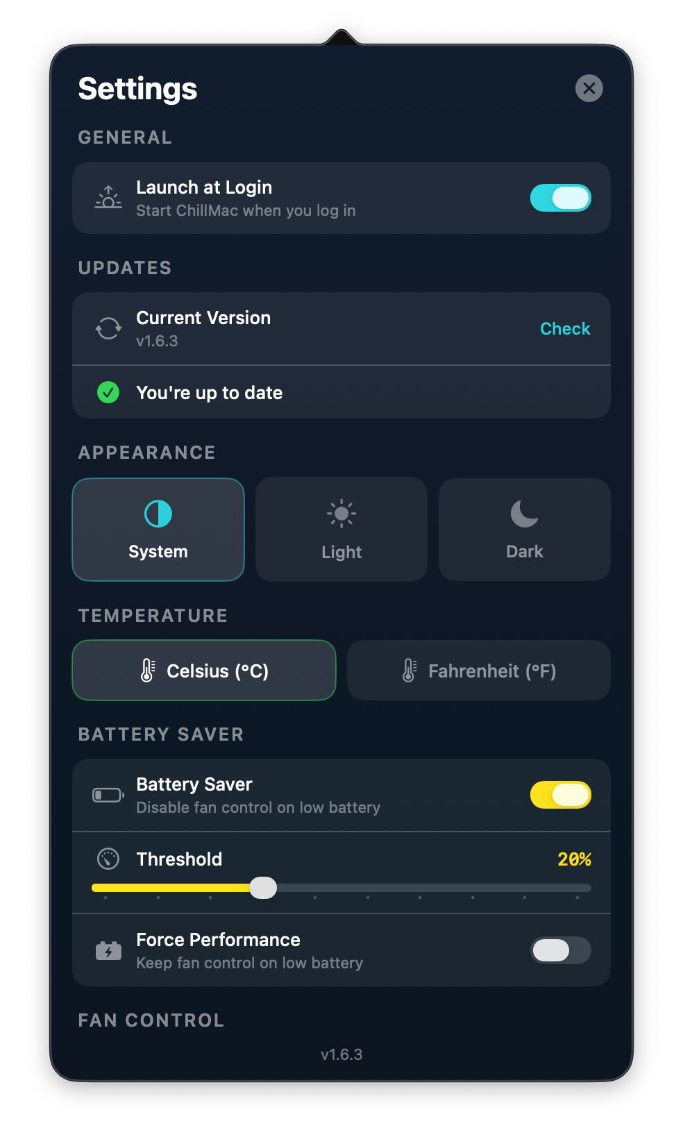 ChillMac settings view with preferences and configuration options