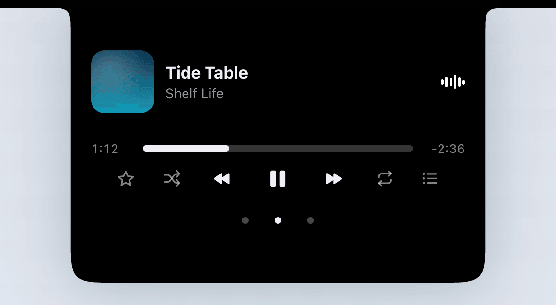 Isleta's Music page with album artwork, a live equalizer and the queue playing next
