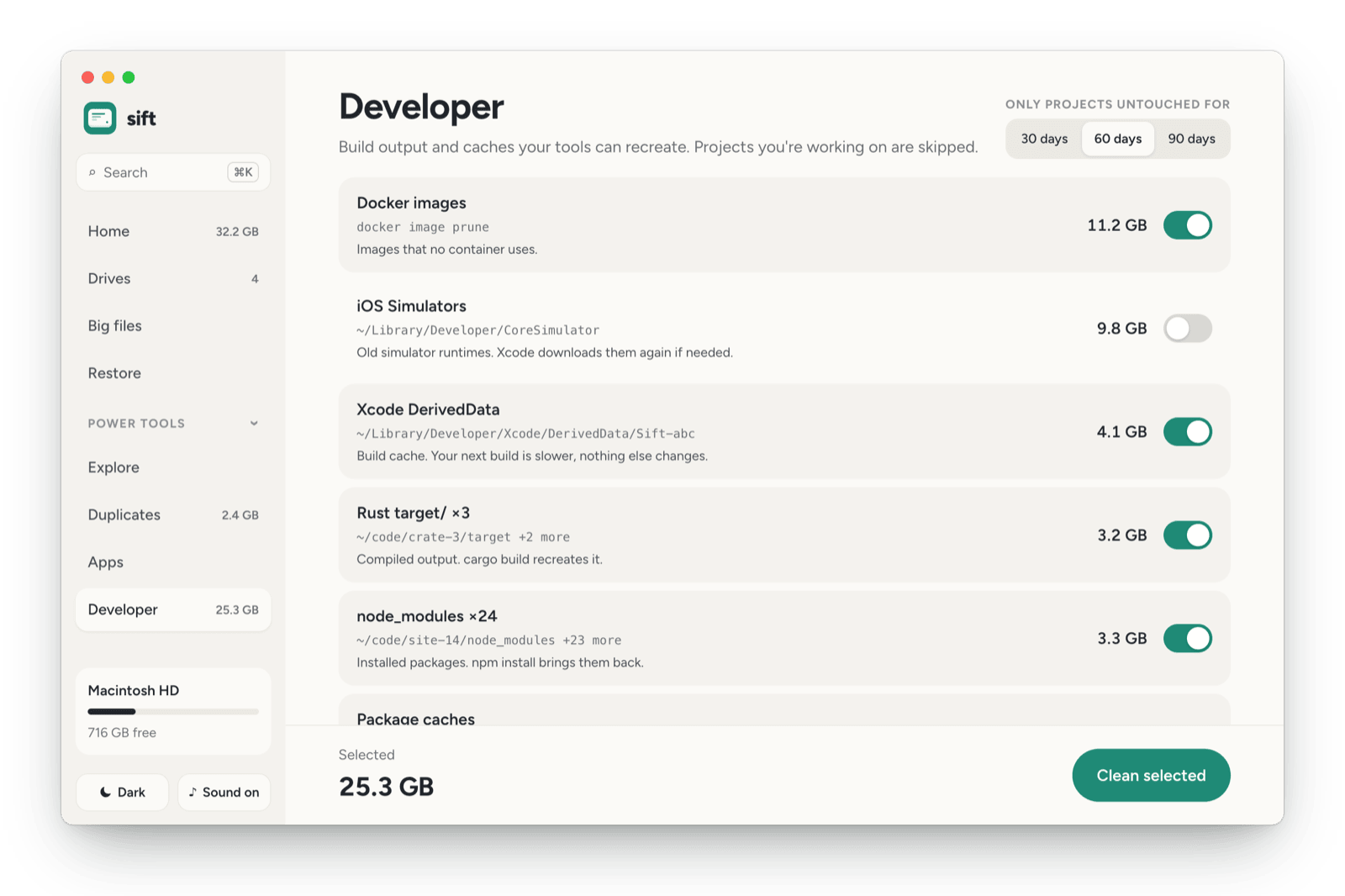Sift Developer listing Docker images, simulators, Xcode DerivedData, Rust target folders and old node_modules