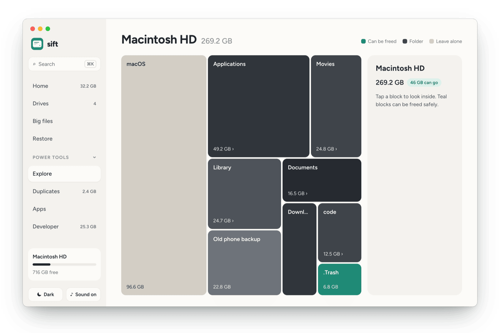 Sift Explore showing a treemap of the disk with folders to open and teal blocks that can be freed