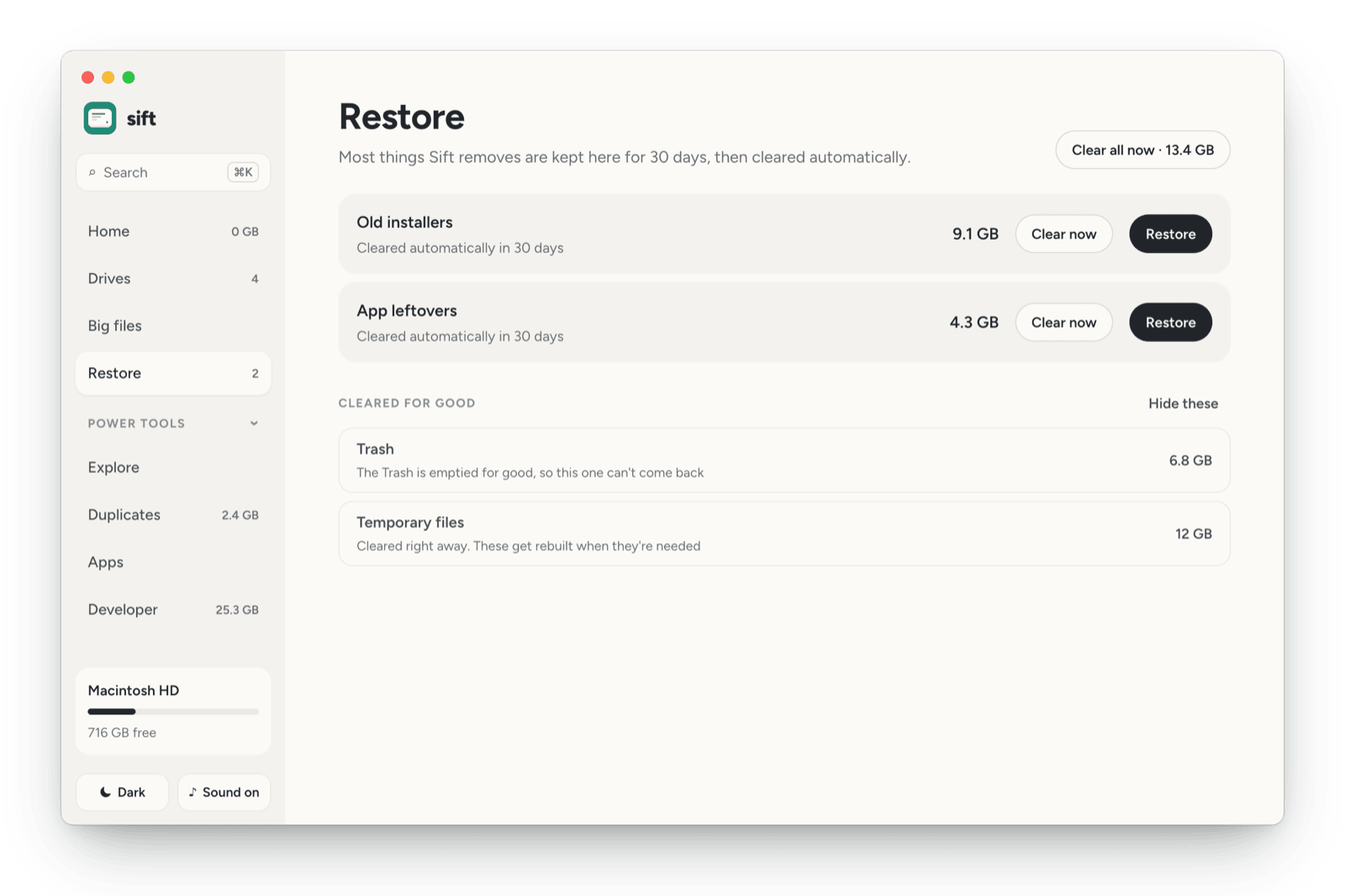 Sift Restore listing removed items kept for 30 days, with Restore and Clear now buttons