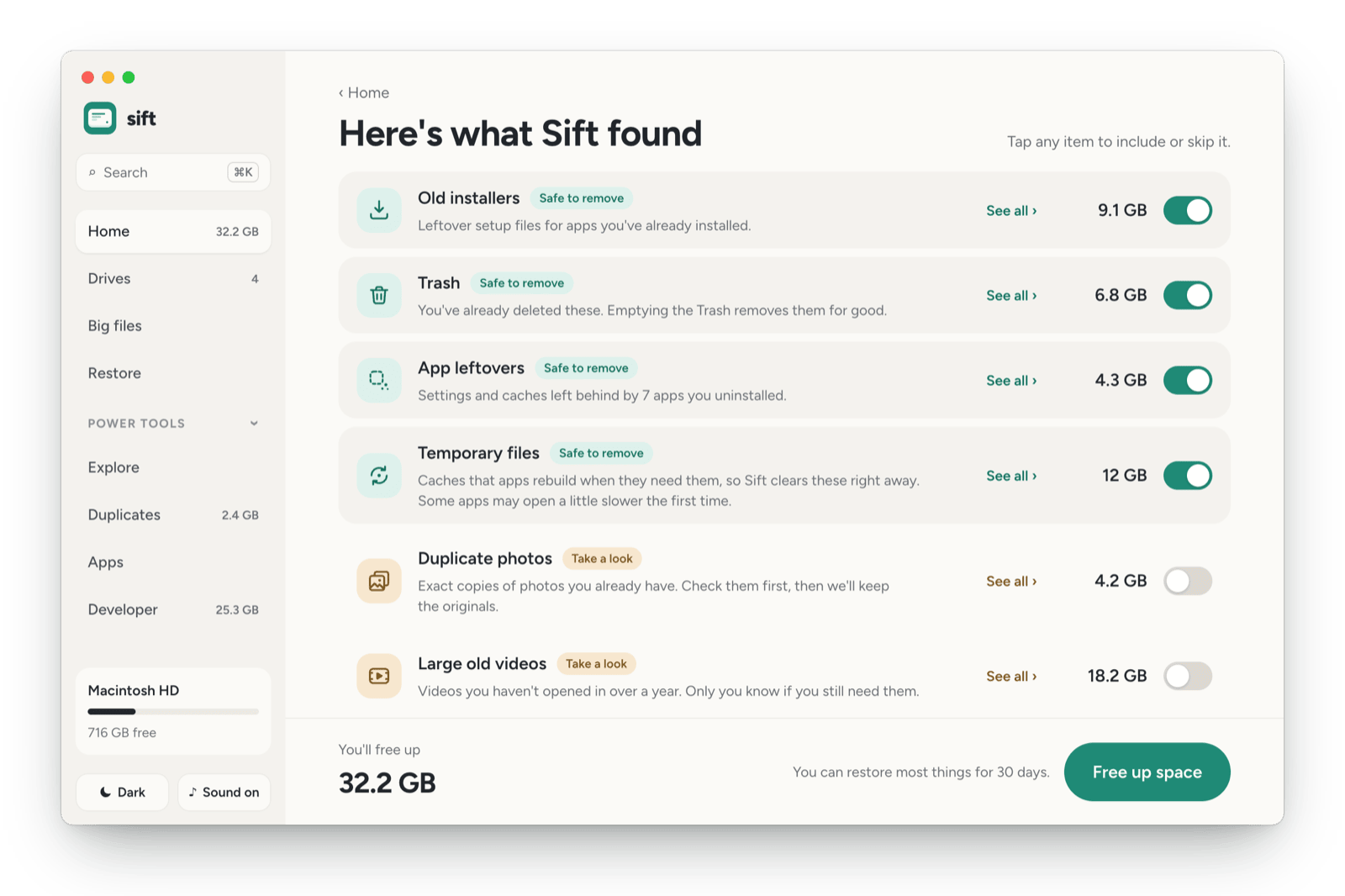 Sift Review explaining every category in plain words, with safe ones switched on, See all links and the total you will free up